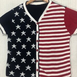 Stars and Stripes Patriotic‎ Knit Button Up Short Sleeve Top